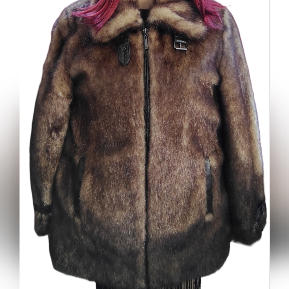 David Basso Brown Faux Mink Fur Jacket Sz S